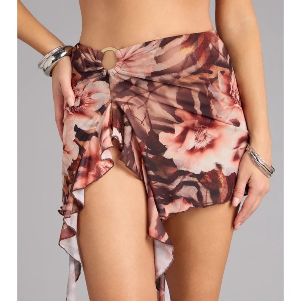 Windsor M Wild pink‎ brown animal print Floral Ruffle Mini Skirt beach party
